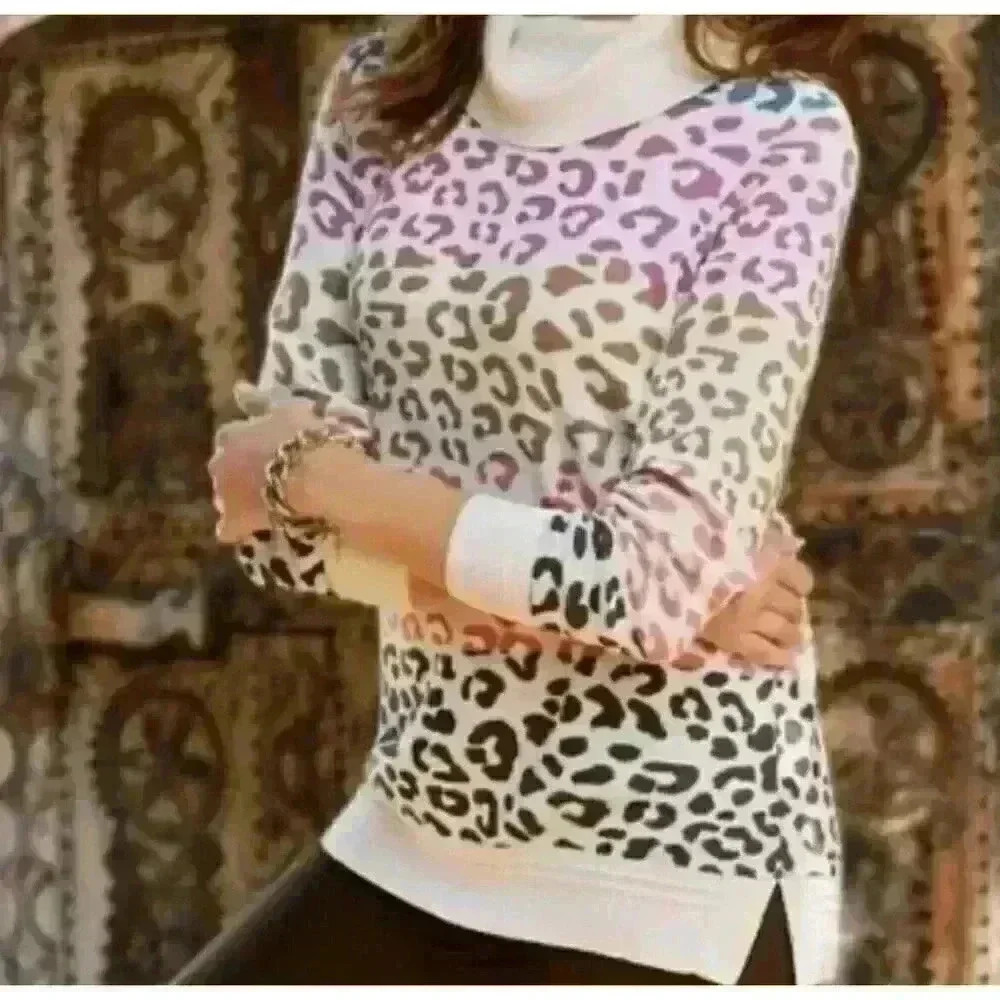 Soft Surroundings Sweater Small Leone Rainbow Leopard Print High Neck Cozy Knit - Picture 2 of 9